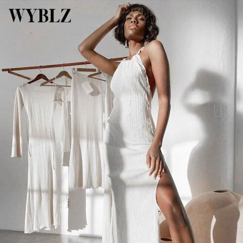 WYBLZ Summer 2021 New Fashion Halter Sleeveless Long Dress Women Sexy White Backless Split Camisole Dress Robe Longue Femme S-L