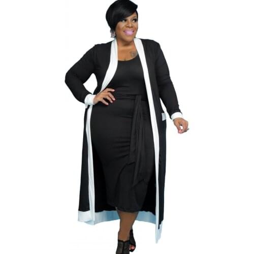 4XL Plus Size Women Long Dress 2 Piece Set Striped Patchwork With Tank Dresses Autumn New Fashion Casual Cardigan Robes Outfits