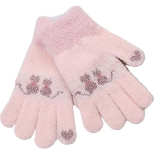 Teenagers Kids Winter Warm Cute Cat Pattern Full Finger Jacquard Knitted Gloves