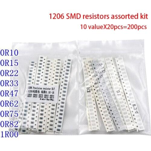 200PCS 1% 1206 SMD resistors assorted kit set ,10 valueX20pcs=200pcs 1R00 R820 R750 R620 R500 R470 R330 R220 R150 R100