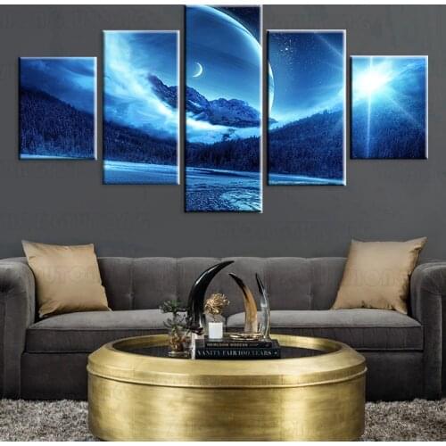 Canvas Pictures Wall Art Frame HD Prints 5 Pieces Blue Night Forest Moonlight Paintings Modular Planet Scenery Poster Home Decor