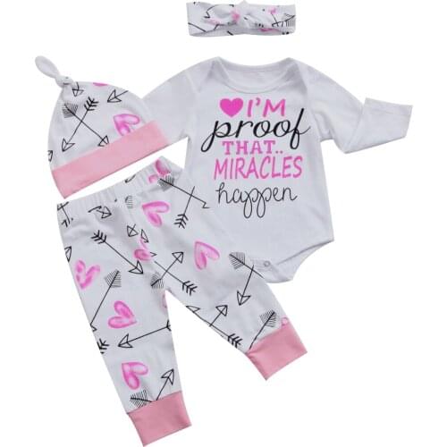Infant Newborn Baby Girl Letter Bodysuit +Pants Jumpsuit +Hat +Headband 4pcs Clothes Outfit Set 0-24M