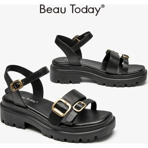Chunky Sandals Gladiator Women Cow Leather Platform Shoes Metal Buckle Ankle Straps Ladies Summer Wedges BeauToday 38156