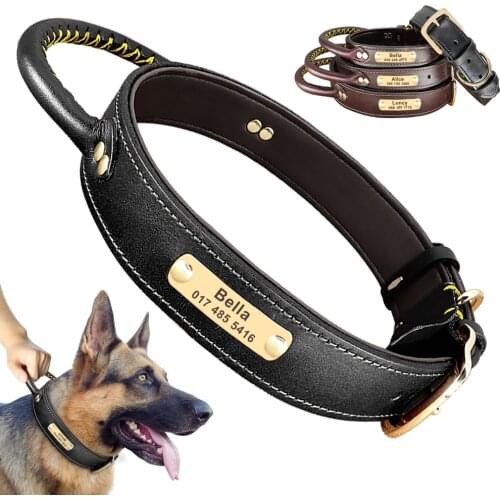 Custom Leather Dog Collar Personalized ID Tag Dog Collar Free Engraved Nameplate Pet Collars With Handle For Medium Large Dogs