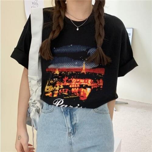 Summer college style landscape printing half-sleeved mid-length loose cotton T-shirt all-match casual women