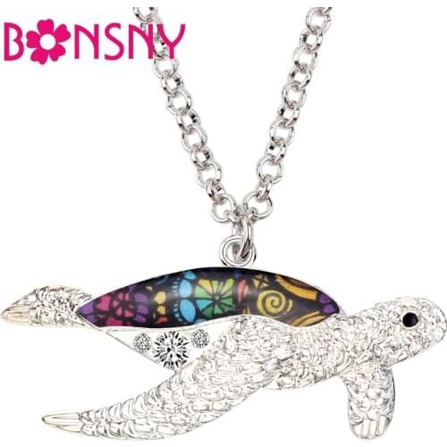Bonsny Enamel Alloy Ocean Sea Turtle Tortoise Necklace Pendant Novelty Animal Rhinestone Jewelry For Women Girl Gift Accessories