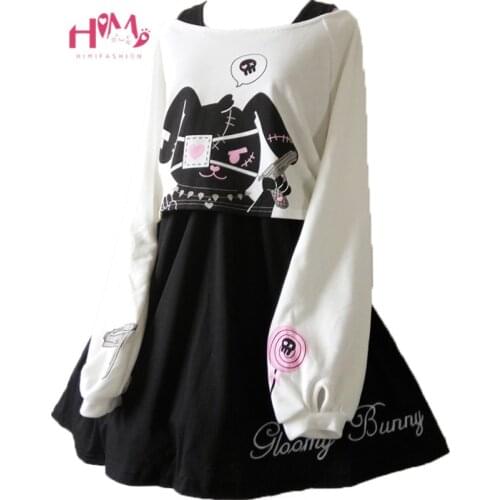 Japanese Kawaii Bunny Rabbit Lolita Dress Cute Comic Black Two Piece Set Cosplay Long Sleeve Casual Loose Girl Mini Dresses