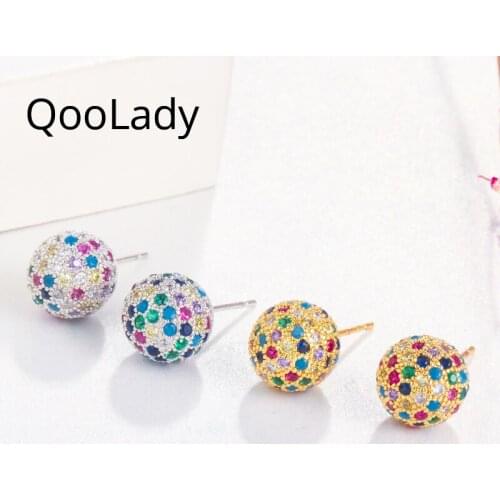 QooLady Trendy Korean Micro Pave Full Multicolor Round Cubic Zirconia Crystal Silver Color Stud Earrings Girl Star Jewelry E171