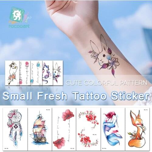 Rocooart Small Fresh Tattoo Stickers Fox Mermaid Fake Tattoo Flower Body Art Tatuaje Cute Cat Tatouage Temporaire For Women