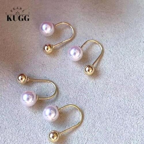 KUGG PEARL 18k Yellow Gold Earrings 7-7.5mm Natural Akoya White Pearl Earrings Handmade Jewelry Gold Bead Design for Women