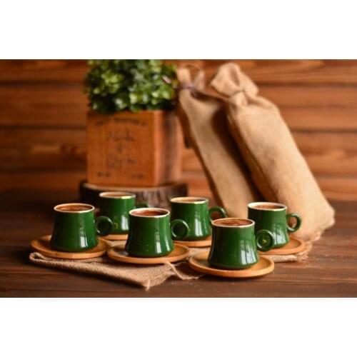 Harem of 6 Coffee Cups Red / Blue / Ruby | Bamboo Saucer | Porcelain Cups | Home-kitchen | Made in Turkey