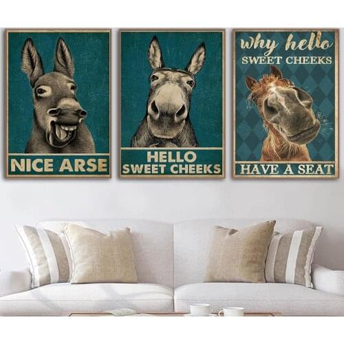 Funny Donkey Hello Sweet Cheeks Have A Seat Quote Canvas Painting Vintage Posters and Prints Wall Pictures for Living Room Decor