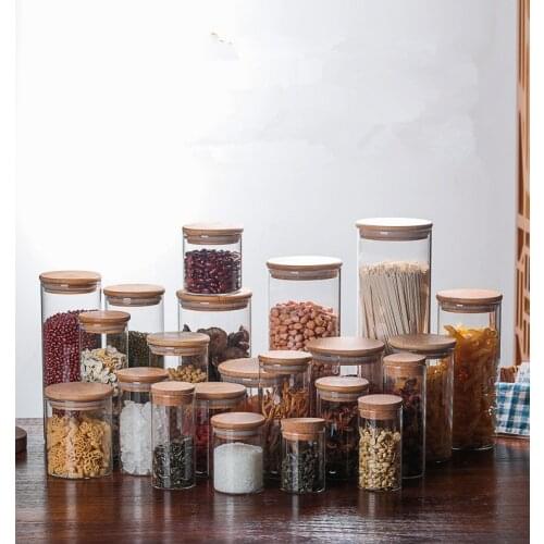 1PC Glass Food Storage Bottle Bamboo Cover Sealed Grains Nuts Tank Can Kitchen Sorting Food Storage Box Container JM 004