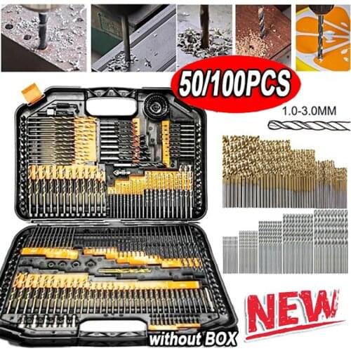100/50pcs Titanium Coated Drill Bit 1.5-3mm Twist Bit HSS High Speed Stainless Steel Woodworking Metal Twist Drilling Tools