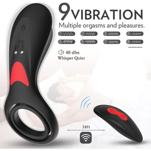Vibrating Dildo Ring with Double Ring Wireless Remote Control 9 Modes Vibrator Rechargeable Massager Adult Sex Toys
