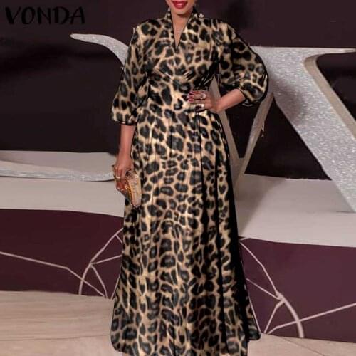 VONDA Long Maxi Dress 2021 Autumn Vintage Leopard Printed Dresses Women Bohemian Vestidos Oversized Beach Sundress Femme Robe