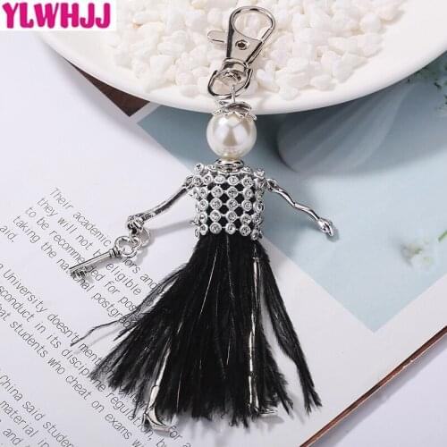 YLWHJJ brand 2019 new doll car bag keychain for women pendant girls black Yellow feather Rhinestone key chains ashion jewelry