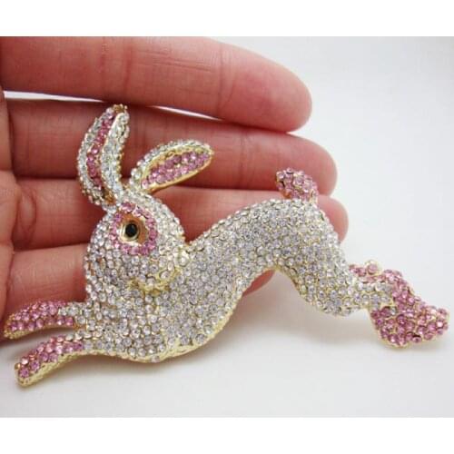 Exquisite Fashion Cute Pink Rabbit Animal Gold Color Women Brooch Pins Crystal Rhinestone Jacket Dress Jewelry