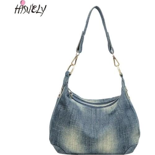 HISUELY New Washed Denim Women Shoulder Bag Casual Vintage Jeans High Quality Big Crossbody Bag Large Tote Handbag Bolsa BG901