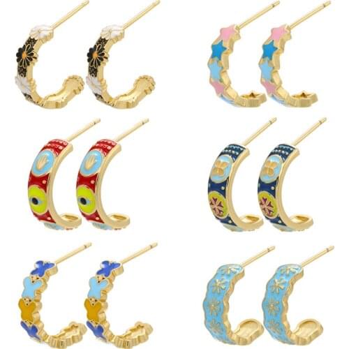 ZHUKOU NEW gold color Palm eyes stud earrings for women Trendy Dripping oil Enamel star girl stud earrings wholesale VE402