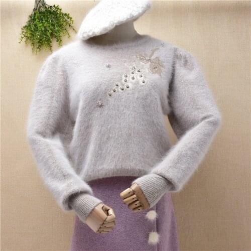 Female women vintage beaded embroidery soft angora rabbit hair loose pullover fall winter mink cashmere jumper sweater pull tops