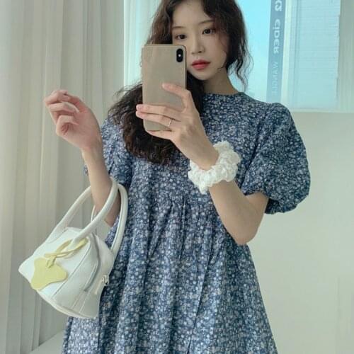 Korean Chic Summer Retro Temperament Round Neck Back Hollow Lace Floral High Waist Loose Puff Sleeve Dress