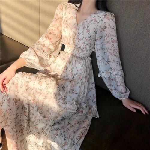 2020 Korean New Spring Autumn Dress Women Chic Retro Waist Chiffon Waist Floral Dress Long Sleeve Female Dress b26