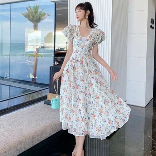 Fashion Vintage Puff Sleeve Maxi Party Dress Women Elegant Robe Casual Cute Floral Folds Female Streetwear Asymmetrical Dress