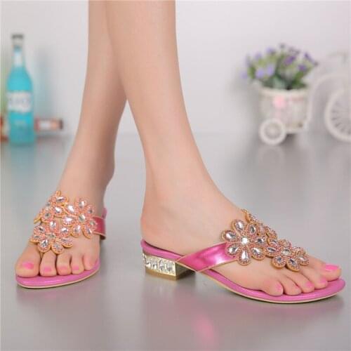 2018 Summer New Pink Wedge Sandals Elegant Diamond Shoes Fashion Casual Flat Flip Flops Slippers Slipper Women High Quality