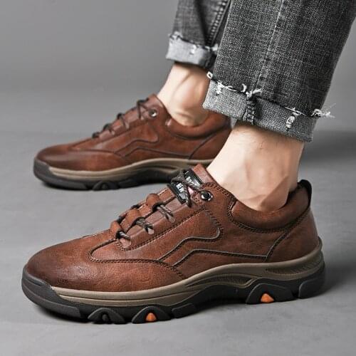 2021 Fashion Mens Casual Leather Shoes Outdoor Sports Hiking Trekking Shoes Business Soft Anti-slip Shoes Dad Shoes