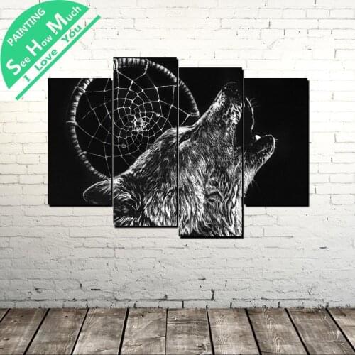 4 Piece Black Wolf Image Modern Wall Art Canvas Painting Posters and Prints Framed Art Painting Pictures for Home Decoration