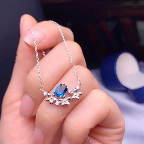 Topaz Chains Necklace for Young Girl Anniversary Gift 5*7MM Londun Blue Topaz Jewelry Fashion Style Real 925 Sterling Silver