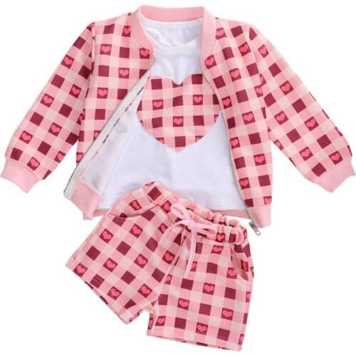 One Persent Kid Girl Plaid Coat Lace-up Pants Suit Heart Printed O-Neck Short Sleeve Tshirts Pants 3pcs Clothes Set