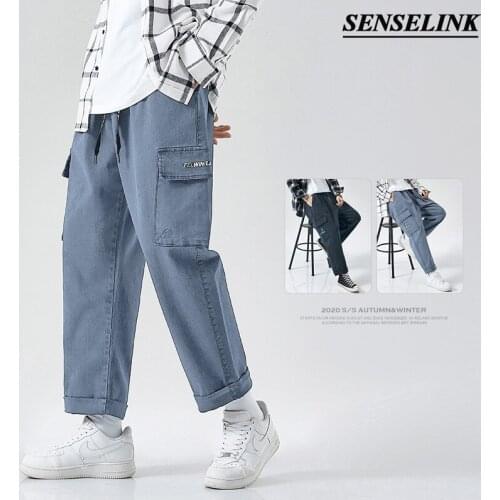 Men Plus Size Casual Cargo Pants Japanese Style Loose Blue Multi-Pocket Straight Harem Pants M-8Xl Elastic Waist Cargo Pants Men