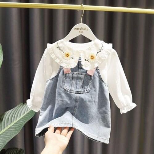 2pcs Dess Sets Girls Baby Dress set Baby Long Sleeve Denim Dress Kids Sling Skirt Childrens Short Sleeve Denim Dress