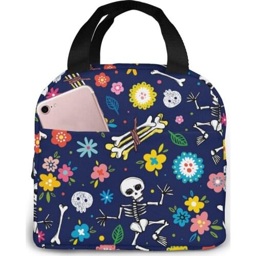 Insulated Lunch Bag Thermal Colorful Skull And Flowers Tote Bags Cooler Picnic Food Lunch Box Bag