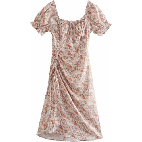 Merodi Women Vintage Square Collar Short Puff Sleeve Floral Print Summer Long Dresses Fashion Girl Side Shirring Lace Up Dress