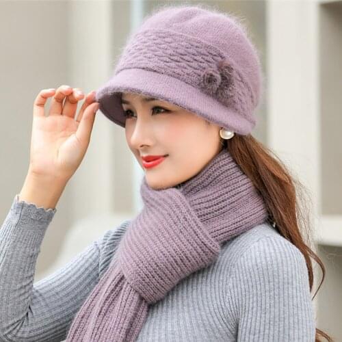New Women Winter Hat Keep Warm Cap Add Fur Lined Hat And Scarf Thick Warm Set For Female Casual Rabbit Fur Knitted Bucket Hat