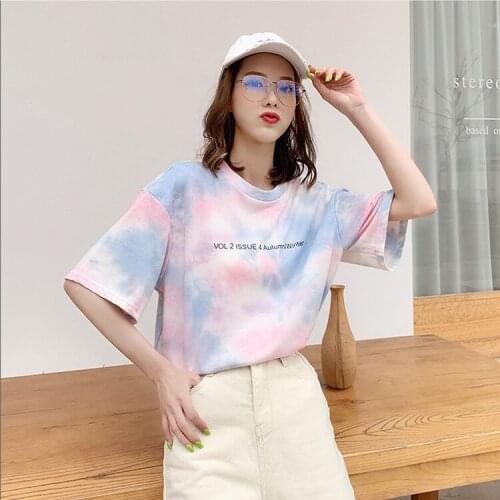 2021 Summer New Fashion Tie-dye Womens Basic T-shirt Korean Style Pink Cotton Tops Goblincore Aesthetic Kawaii Clothes
