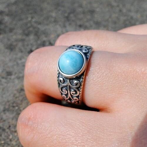 Popular Handcraft 925 Sterling Silver Antique Jewelry Blue Color Ring Natural Stone Larimar Rings Silver Antique Ring