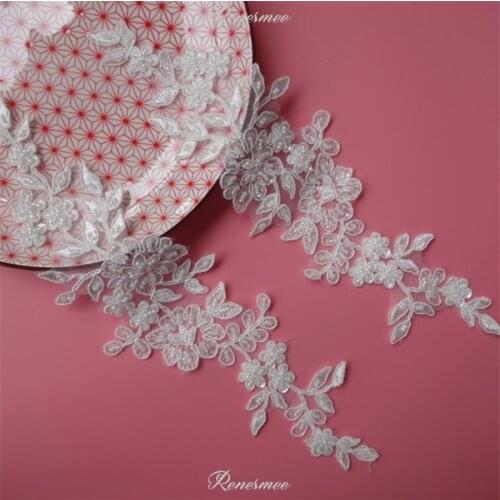 2Pcs Ivory Embroidery Wedding Lace Applique Fabric Flower Venise Lace Patch Sewing Bead Lace Trims for Supplies Crafts