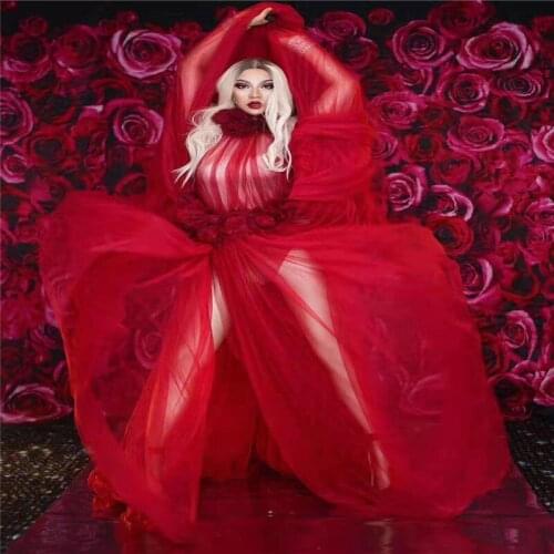 Y76 Sexy see through red flowers mesh evening dress Perspective long skirt wedding stage dance costume ballroom wears pole dance