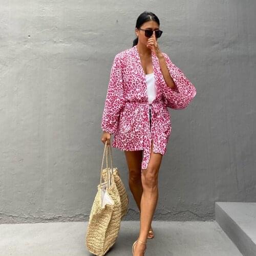 Green Leopard Kimono Belted Short Coats 2021Chic Cool Airy Nighty Duster Summer Beach Bikini Coverup Women Animal Print Cardigan