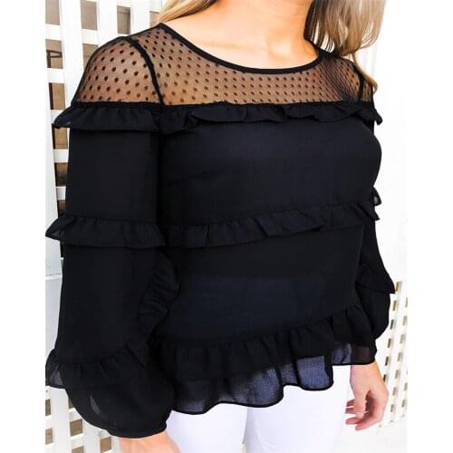 2019 New Women Blouse Shirt Black Sexy Long Shirt Casual Long Sleeve Lace Blouse Under Shirts Hollow Tops For Woman Plus Size