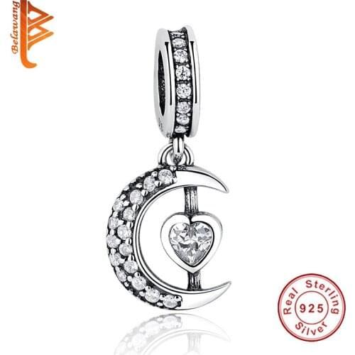 BELAWANG 100% 925 Sterling Silver Moon Charm Beads with Crystal Heart Pendant fit DIY Women Bracelets Necklace Jewelry Making