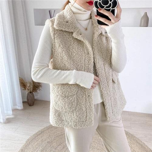 Lambs Wool Vest Women 2021 Autumn Winter Coat Women Jacket Single-Breasted Warm Sleeveless Waistcoat Overcoat Pocket Vests C7615
