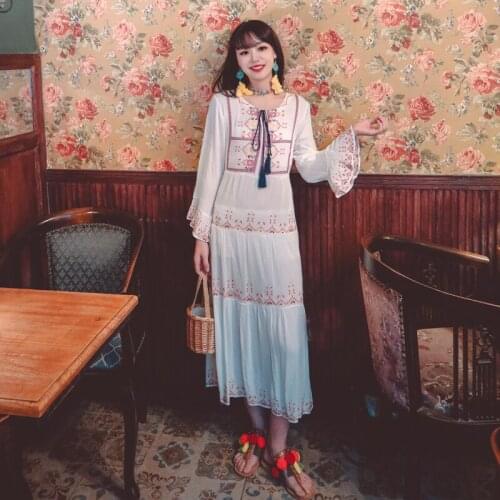 2021 Yellow Emboridery Bohimian Sundress Flare Sleeve O Neck Fashion Slim Summer Beach Party Dress for Women Long Empire Vestido