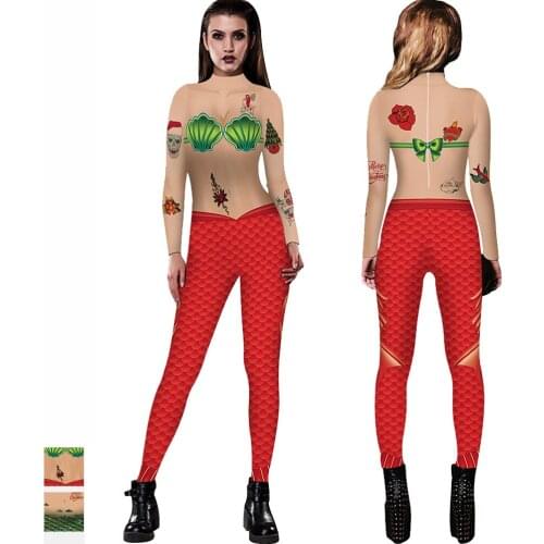 Christmas Mermaid Print Jumpsuit Nightclub Festival Cosplay One-Piece For Women DJ DS Stage Performance Sexy Bodysuit DWY6221