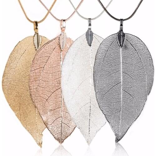 Women Leaves Sweater Pendant Necklace Vintage Charms Real Leaf Long Chain Necklace Shellhard Wedding Jewelry accessories Gift