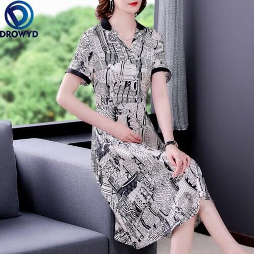 2021 Summer Casual Print Mulberry Silk Midi Dress Women Fashion Vintage Short Sleeve Shirt Dress Elegant Bodycon Party Vestidos
